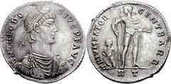 Theodosius I. AD 379-395. AR Medallion (34mm, 12.92 g, 6h). Rome mint, 3rd officina. Struck AD 383-392. D N THEODO-SIVS P F AVG, pearl-diademed, draped, and cuirassed bust right / TRIVMFATOR GENT BARB