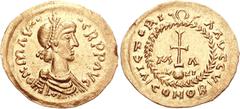 MEROVINGIANS, Marseille. Circa 600-620. AV Solidus of 21 siliquae (3.85 g, 6h). Fourth phase, group 8 (pseudo-imperial coinage). Struck in the name of Maurice Tiberius. D N mLV •• • CR PP LVC, pearl-d
