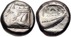 Greek LYCIA, Phaselis. Circa 500-440 BC. AR Stater (18mm, 10.91 g, 6h). Prow of galley left in the form of a forepart of a boar / Stern of galley right within incuse square. Heipp-Tamer Series 4, Emis