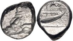 Greek LYCIA, Phaselis. Circa 500-440 BC. AR Stater (17.5mm, 10.88 g, 4h). Prow of galley left in the form of a forepart of a boar / Stern of galley right within incuse square. Heipp-Tamer Series 4, Em