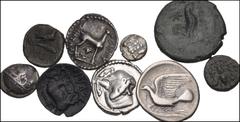 Large Lots GREEK. Miscellaneous. Lot of Nine (9) AR and Æ issues. Includes: CAMPANIA, Suessa Aurunca. Circa 265-240 BC. Æ (18.5mm, 4.43 g, 6h). Helmeted head of Minerva left / Cock standing right; sta