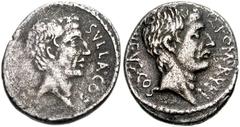 Q. Pompeius Rufus. 54 BC. AR Denarius (17mm, 3.78 g). Head of Sulla right / Head of Quintus Pompeius Rufus right. Crawford 434/1; Sydenham 908; Pompeia 4. VF, porous, areas of flat strike. This coin i