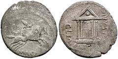 Julius Caesar. 44 BC. AR Denarius (19mm, 3.28 g). Posthumous issue. P. Sepullius Macer, moneyer. Temple dedicated to the Clemency of Caesar / Horseman (desultor) riding right with two horses, whip in 