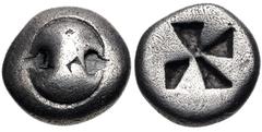 Greek BOEOTIA, Thebes. 525-480 BC. AR Hemidrachm (11.5mm, 2.52 g). Boeotian shield / Square incuse with clockwise mill-sail pattern. BCD Boiotia 333b (this coin); HGC 4, –. Fine, toned, countermark on