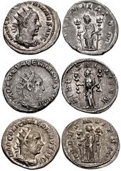 Valerianic Dynasty – Rome mint Lot of three (3) coins. 14a Valerian I. AD 253-260. Antoninianus (21.5mm, 3.53 g, 5h). Rome mint. 1st issue, AD 253-254. IMP C P LIC VALERIANVS AVG, radiate, draped, and