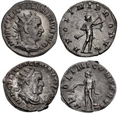 Valerianic Dynasty – Rome mint Lot of two (2) coins. 42a Valerian I. AD 253-260. Antoninianus (20.5mm, 3.40 g, 6h). Rome mint. 1st issue, AD 253-254. IMP C P LIC VALERIANVS AVG, radiate, draped, and c