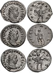 Valerianic Dynasty – Rome mint Lot of three (3) coins. 68a Gallienus. AD 253-268. Antoninianus (21.5mm, 3.12 g, 12h). Rome mint. 2nd issue, AD 255-256. IMP C P LIC GALLIENVS P F AVG, radiate and cuira