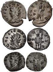 Valerianic Dynasty – Rome mint Lot of three (3) coins. 135a Gallienus. AD 253-268. Antoninianus (21.5mm, 2.97 g, 1h). Rome mint, 1st officina. 6th issue, AD 260-261. GALLIENVS AVG, radiate bust left, 