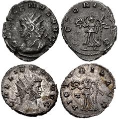 Valerianic Dynasty – Rome mint Lot of two (2) coins. 138a Gallienus. AD 253-268. Antoninianus (20mm, 3.63 g, 12h). Rome mint, 3rd officina. 6th issue, AD 260-261. GALLIENVS AVG, radiate and cuirassed 