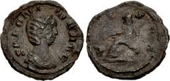 Valerianic Dynasty – Rome mint Salonina. Augusta, AD 254-268. Quinarius (15mm, 1.19 g, 11h). Rome mint. 6th issue, AD 260-261. SALONINA AVG, diademed and draped bust right / VESTA, Vesta seated left, 
