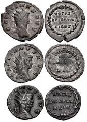 Valerianic Dynasty – Rome mint Lot of three (3) coins. 195a Gallienus. AD 253-268. Antoninianus (21.5mm, 3.64 g, 8h). Rome mint. 7th issue, AD 262. GALLIENVS AVG, radiate head right / VOTIS/DECENNA/LI