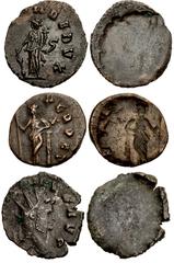 Valerianic Dynasty – Rome mint Lot of three (3) coins. 219a Gallienus. AD 253-268. Antoninianus (18mm, 1.92 g). Reverse brockage. Rome mint, 6th officina. 9th issue, AD 265+. Obverse blank, but shown 