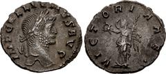 Valerianic Dynasty – Rome mint Gallienus. AD 253-268. Denarius (19mm, 1.96 g, 1h). Rome mint. 9th issue, AD 265+. IMP GALLIENVS AVG, laureate head right / VICTORIA AET, Victory standing left, holding 