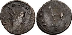 Valerianic Dynasty – Rome mint Gallienus. AD 253-268. Antoninianus (19mm, 3.42 g, 6h). Rome mint, 4th officina. 10th issue, AD 267-268. GALLIENUS AVG, radiate head right / IVNONI [CONS AVG], Capreolus