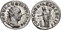 Valerianic Dynasty – Viminacium mint Valerian I. AD 253-260. Antoninianus (20.5mm, 3.65 g, 1h). Viminacium mint. Issue 2b. IMP VALERIANVS P AVG, radiate, draped, and cuirassed bust right / CONCORDIAE 
