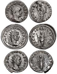 Valerianic Dynasty – Viminacium mint Lot of three (3) coins. 283a Valerian I. AD 253-260. Antoninianus (20mm, 3.09 g, 12h). Viminacium mint. Issue 2b. IMP VALERIANVS P AVG, radiate, draped, and cuiras