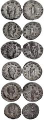 Valerianic Dynasty – Mediolanum (Milan) mint Lot of six (6) coins. 441a Gallienus. AD 253-268. Antoninianus (21mm, 2.59 g, 12h). Mediolanum (Milan) mint. Issue 4, AD 262-3. GALLIENVS AVG, radiate head