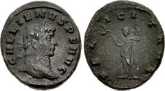 Valerianic Dynasty – Mediolanum (Milan) mint Gallienus. AD 253-268. Denarius (16mm, 3.32 g, 12h). Mediolanum (Milan) mint. Issue 6, AD 266. GALLIENVS P F AVG, laureate head right / FELICIT AVG, Felici