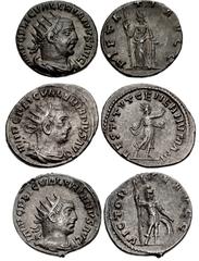 Valerianic Dynasty – Antioch mint Lot of three (3) coins. 494a Valerian I. AD 253-260. Antoninianus (20.5mm, 4.51 g, 7h). Antioch mint. Issue 1, AD 253-255. IMP C P LIC VALERIANVS AVG, radiate, draped