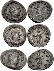 Valerianic Dynasty – Antioch mint Lot of three (3) coins. 495a Valerian I. AD 253-260. Antoninianus (23mm, 4.70 g, 6h). Antioch mint. Issue 2, AD 253-255. IMP C P LIC VALERIANVS AVG, radiate, draped, 