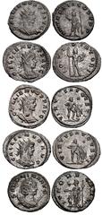 Valerianic Dynasty – Antioch mint Lot of five (5) coins. 502a Gallienus. AD 253-268. Antoninianus (21mm, 3.49 g, 5h). Antioch mint. Issues 7-10, AD 263. GALLIENVS P F AVG, radiate and cuirassed bust r