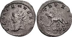 Valerianic Dynasty – Antioch mint Gallienus. AD 253-268. Antoninianus (20mm, 3.44 g, 12h). Antioch mint. Issues 11-12, AD 264-265. GALLIENVS AV[G], radiate head left / P M TR P XII / C VI P P in exerg