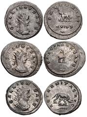 Valerianic Dynasty – Antioch mint Lot of three (3) coins. 508a Gallienus. AD 253-268. Antoninianus (22mm, 4.32 g, 6h). Antioch mint. Issues 11-12, AD 264-265. GALLIENVS AVG, radiate, draped, and cuira