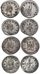 Valerianic Dynasty – Antioch mint Lot of four (4) coins. 514a Gallienus. AD 253-268. Antoninianus (23mm, 3.81 g, 10h). Antioch mint. Issues 13-17, AD 266-267. GALLIENVS AVG, radiate, draped, and cuira