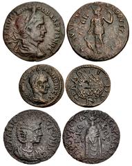 Provincial Coinage Lot of three (3) coins. 705a LYDIA, Tralles. Valerian I. AD 253-260. Æ (29mm, 9.97 g, 6h). Aul. Tan. Corinthos, magistrate. AVT K ΠO ΛIKINNIOC BAΛEPIANOC, laureate, draped, and cuir