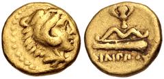 Greek KINGS of MACEDON. temp. Philip II – Alexander III. Circa 340/36-328 BC. AV Quarter Stater (10mm, 2.12 g, 6h). In the name of Philip II. Pella mint. Head of Herakles right, wearing lion skin / Bo