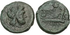 Selections from the Andrew McCabe Collection Anonymous. 194-190 BC. Æ Semis (26.5mm, 11.64 g, 10h). Crescent series. Rome mint. Laureate head of Saturn right; S (mark of value) to left / Prow of galle