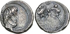 Selections from the Andrew McCabe Collection L. Titurius L.f. Sabinus. 89 BC. AR Denarius (18.5mm, 3.93 g, 9h). Rome mint. Bareheaded, bearded head of King Tatius right; palm frond before face / Tarpe