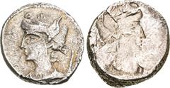 Selections from the Andrew McCabe Collection M. Plaetorius M.f. Cestianus. 57 BC. AR Brockage Denarius (16.5mm, 3.89 g, 12h). Rome mint. Draped female bust left, wearing winged diadem; staff behind / 