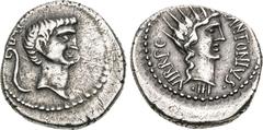 Selections from the Andrew McCabe Collection The Triumvirs. Mark Antony. Autumn 42 BC. AR Denarius (16.5mm, 3.87 g, 1h). Military mint traveling with Antony in Greece and Asia. Bare head of Antony rig
