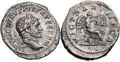 Roman Imperial Caracalla. AD 198-217. AR Denarius (18.5mm, 3.01 g, 12h). Rome mint. Struck AD 217. Laureate head right / VICT PARTHICA, Victory seated right on cuirass, inscribing VO/ XX in two lines 