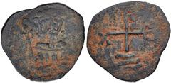 Early Medieval & Islamic CRUSADERS, Cyprus. Richard. King of England, 1189-1199. Æ Tetarteron (67mm, 0.96 g, 9h). Crowned facing bust, holding cross-tipped scepter and globus cruciger / Cross on three