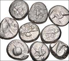 Large Lots GREEK. Asia Minor. Lot of nine (9) AR Staters. Includes: PAMPHYLIA, Aspendos (6) // PAMPHYLIA, Side // LYCIA, Phaselis // CILICIA, Tarsos. A good mix of varieties for the collector or deale