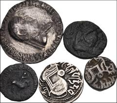 Large Lots MIXED. Oriental Greek–World. Lot of five (5) silver, billon, and bronze issues. Includes: various Baktrian, Indo-Skythian, and Indian issues. Fine, one Baktrian tetradrachm with severe clea