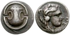 BOEOTIA, Thebes. Circa 395-338 BC. AR Obol (9mm, 0.88 g). Theo(ti)-, magistrate. Struck circa 363-348 BC. Boiotian shield; club left across above upper half / Youthful head of Herakles right, wearing 