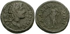 LYDIA, Daldis. Circa 3rd century AD. Æ 20mm (3.79 g). Laureate bust of Demos right, slight drapery on far shoulder / ΔAΛΔIA-NΩN, Tyche standing left, holding rudder and cornucopiae. BMC p. 70, 8; SNG 