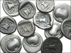 GREEK. Northern Greece. Lot of twelve hemidrachms from Thebes in Boeotia. All coins: Circa 425-375 BC. Boiotian shield / Kantharos; club above; sometimes to left, symbol Π or axe. BCD Boiotia 408 (3) 