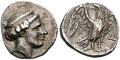 ELIS, Olympia. 113th-114th Olympiad. 328/4 BC. AR Hemidrachm (15mm, 2.92 g, 9h). Hera mint. Struck circa 320s BC. Head of Hera right, wearing narrow stephane / Eagle standing right, head left, wings s