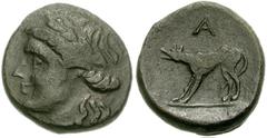 ARGOLIS, Argos. Late 3rd-early 2nd centuries BC. Æ Dichalkon (15mm, 3.56 g, 7h). Laureate head of Apollo left / Wolf standing at bay left; A above. BCD Peloponnesos 1128 (this coin); SNG Copenhagen 67