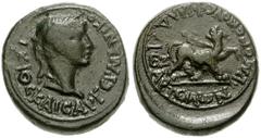 LYDIA, Philadelphia. Gaius (Caligula). AD 37-41. Æ 15mm (3.98 g). Laureate head of Caligula right / Panther walking right, head turned left, thyrsus over shoulder. RPC I 3033. VF, black patina.