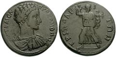 LYDIA, Tripolis. Commodus. As Caesar, AD 166-177. Æ 34mm (23.37 g). Bare-headed, draped and cuirassed bust right, seen from behind / Leto walking left, head turned right, holding twin on each shoulder