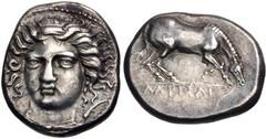Greek THESSALY, Larissa. Circa 400-370 BC. AR Drachm (16mm, 6.10 g, 9h). Reverse die signed by Ai–. Head of the nymph Larissa facing slightly left, wearing ampyx [inscribed ΓΕΥ] and earring, drapery a