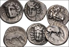 Greek THESSALY. Lot of six (6) AR Hemidrachms of Larissa. All coins: Head of the nymph Larissa facing slightly left, with hair in ampyx / Horse grazing right. Near VF to VF, toned, some porosity and/o