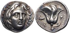 Greek ISLANDS off CARIA, Rhodos. Rhodes. Circa 275-250 BC. AR Didrachm (19mm, 6.68 g, 12h). Aristonomos, magistrate. Head of Helios facing slightly right / Rose with bud to right; prow to left. Ashton