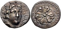 Greek ISLANDS off CARIA, Rhodos. Rhodes. Circa 88/42 BC-AD 14. AR Drachm (18.5mm, 3.85 g). Kleurodos, magistrate. Radiate head of Helios facing slightly right / Rose seen from above; KΛЄYPOΔOC and aph