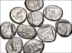 Large Lots GREEK. Asia Minor. Lot of ten (10) AR Staters. Includes: PAMPHYLIA, Aspendos (7) // PAMPHYLIA, Side // LYCIA, Phaselis // CILICIA, Tarsos. Fine to VF, a few with test cuts. LOT SOLD AS IS, 